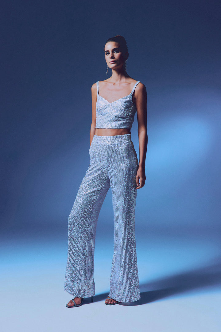 Sateen Crop top pailleté à bretelles larges - Gris
