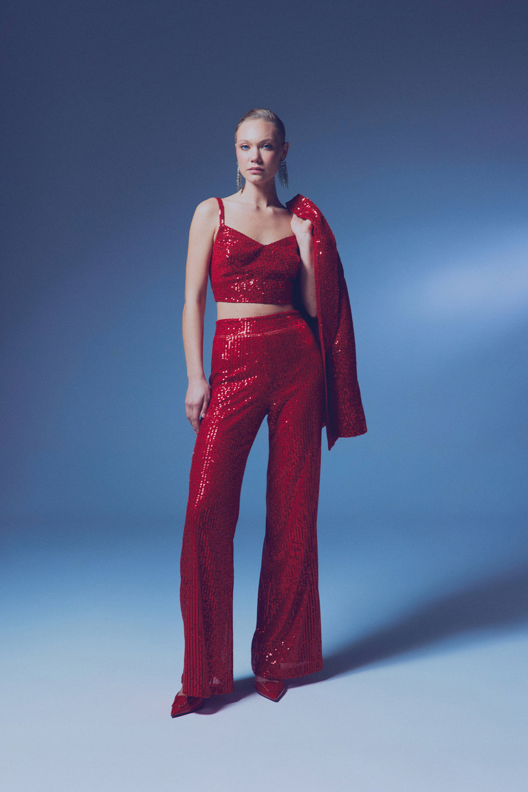 Sateen Crop top pailleté à bretelles larges - Rouge