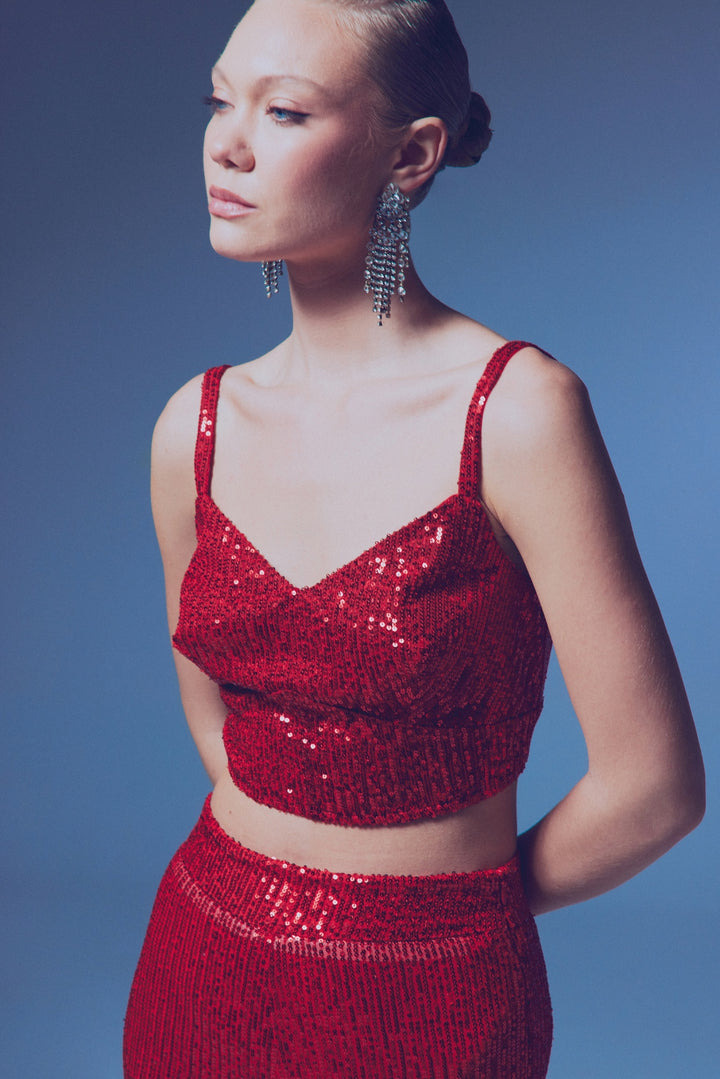 Sateen Crop top pailleté à bretelles larges - Rouge