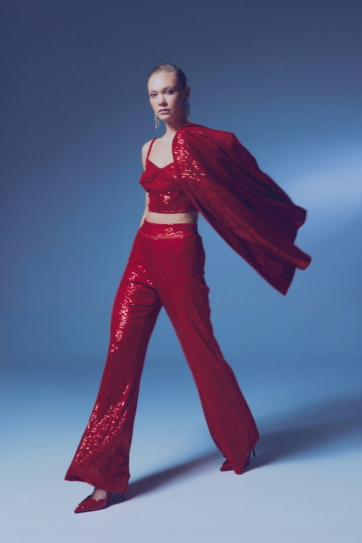 Sateen Crop top pailleté à bretelles larges - Rouge