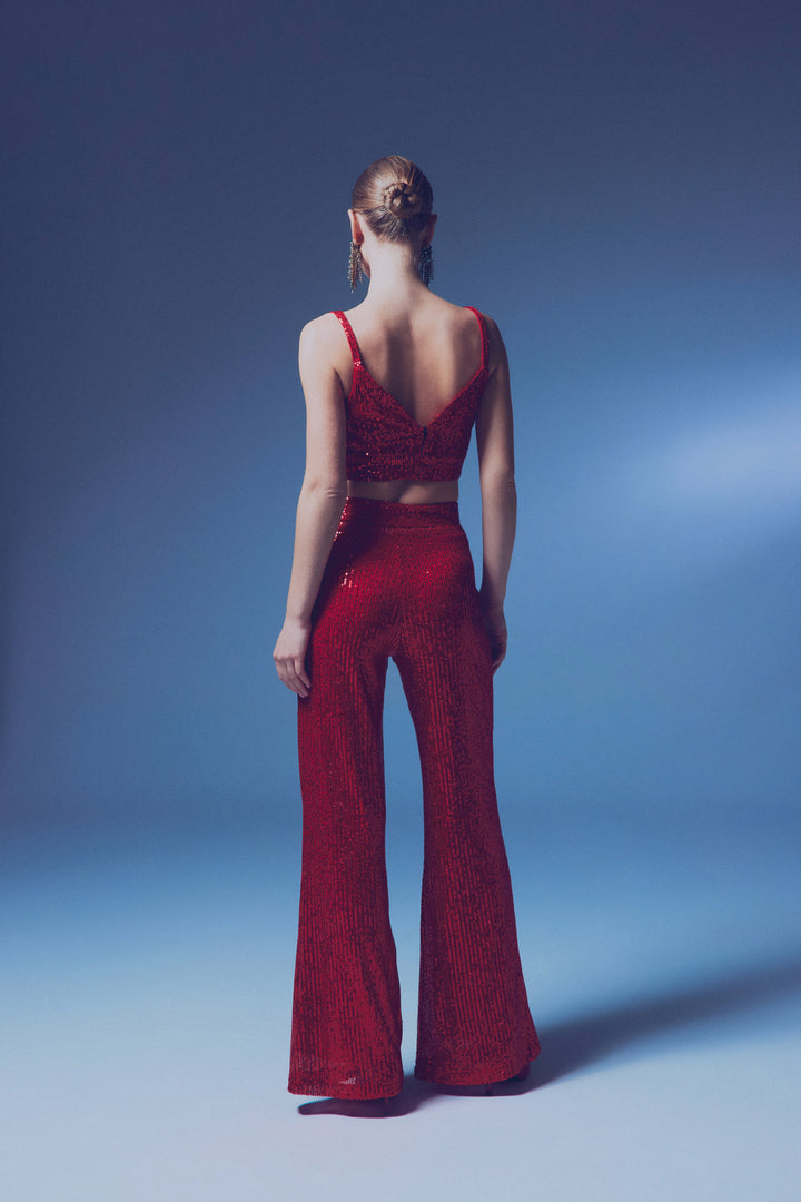 Sateen Crop top pailleté à bretelles larges - Rouge