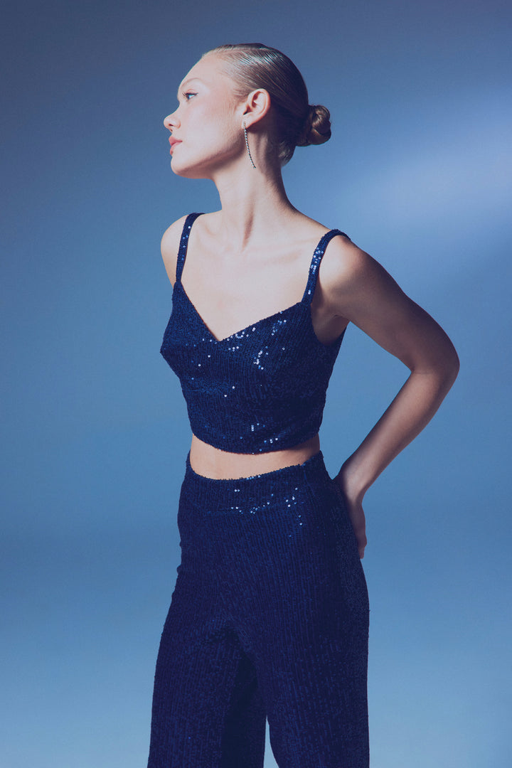 Sateen Crop top pailleté à bretelles larges - Bleu marine