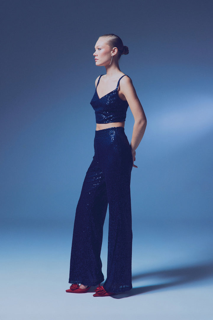 Sateen Crop top pailleté à bretelles larges - Bleu marine