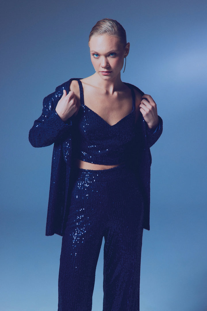 Sateen Crop top pailleté à bretelles larges - Bleu marine