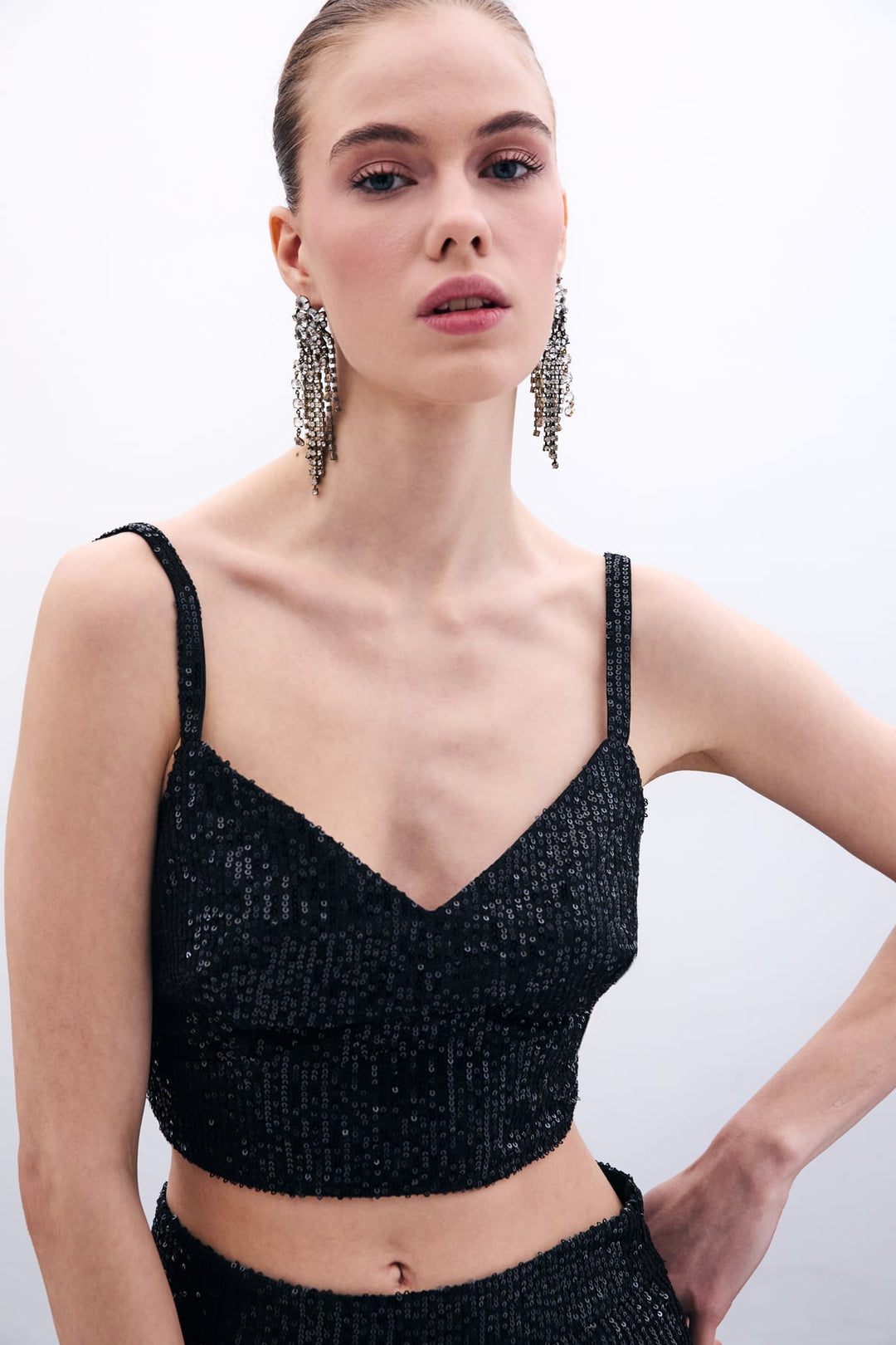 Sateen Crop top pailleté à bretelles larges - Noir