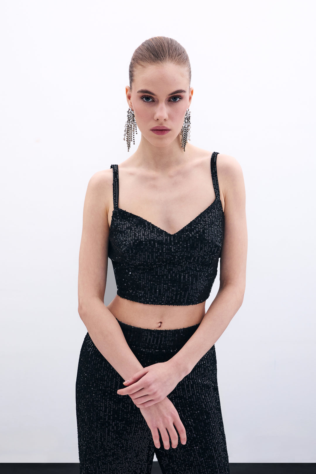 Sateen Crop top pailleté à bretelles larges - Noir