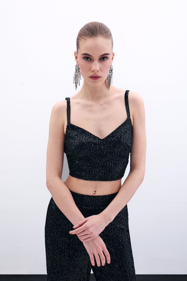 Sateen Crop top pailleté à bretelles larges - Noir