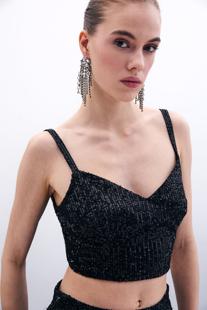 Sateen Crop top pailleté à bretelles larges - Noir