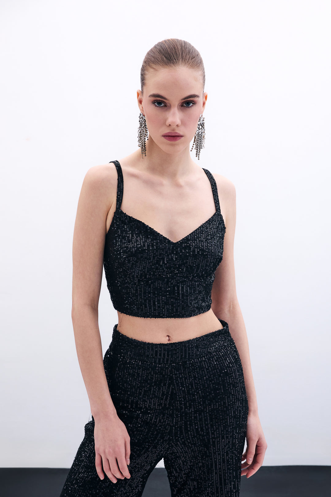 Sateen Crop top pailleté à bretelles larges - Noir