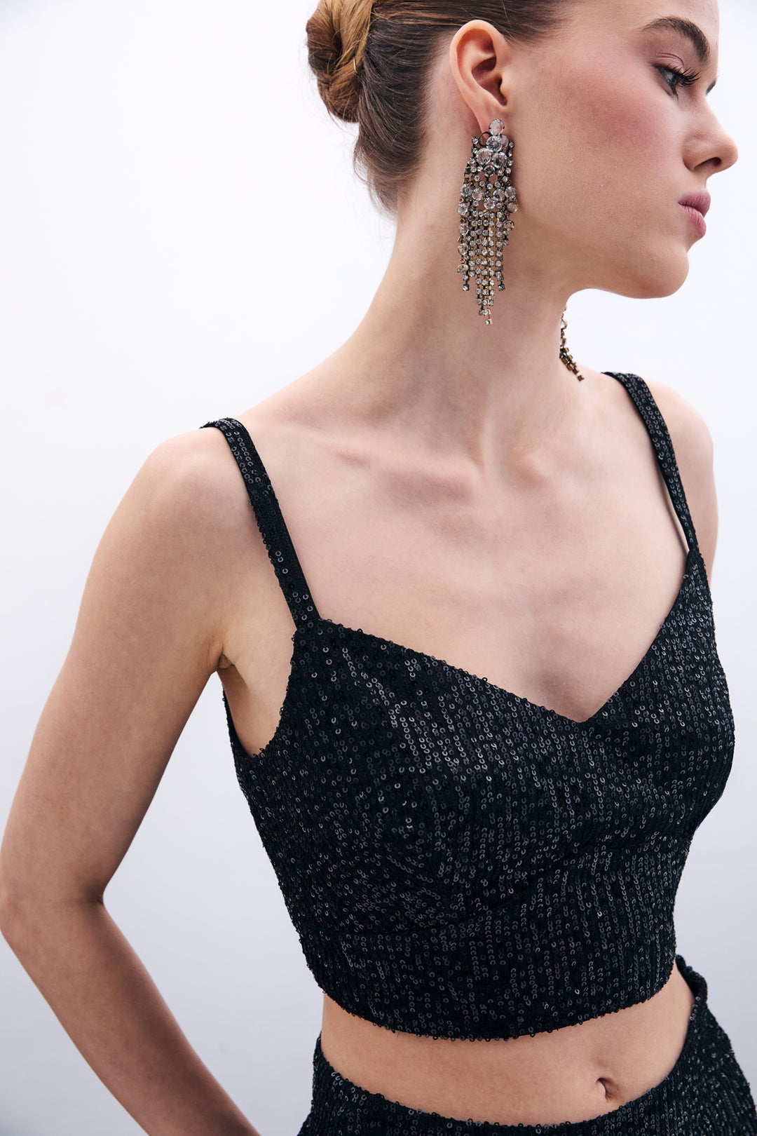 Sateen Crop top pailleté à bretelles larges - Noir