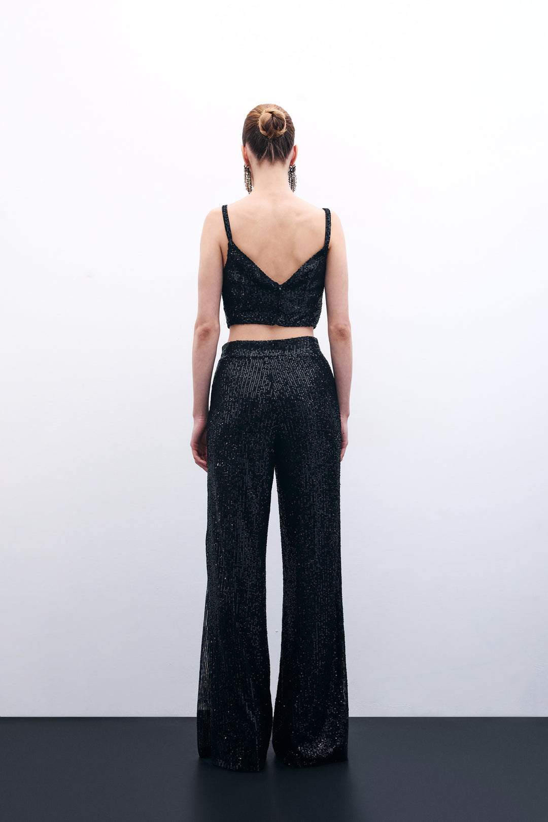 Sateen Crop top pailleté à bretelles larges - Noir