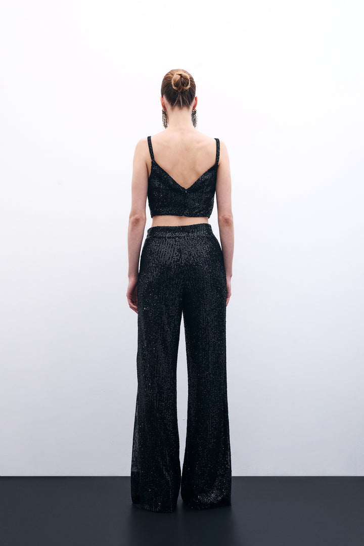 Sateen Crop top pailleté à bretelles larges - Noir