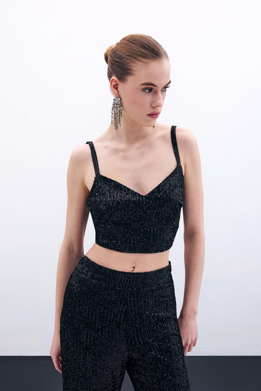 Sateen Crop top pailleté à bretelles larges - Noir