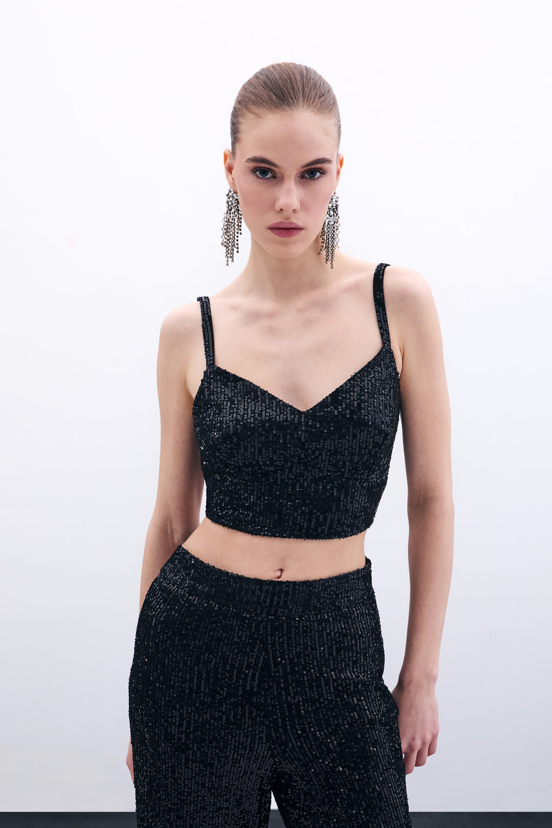 Sateen Crop top pailleté à bretelles larges - Noir