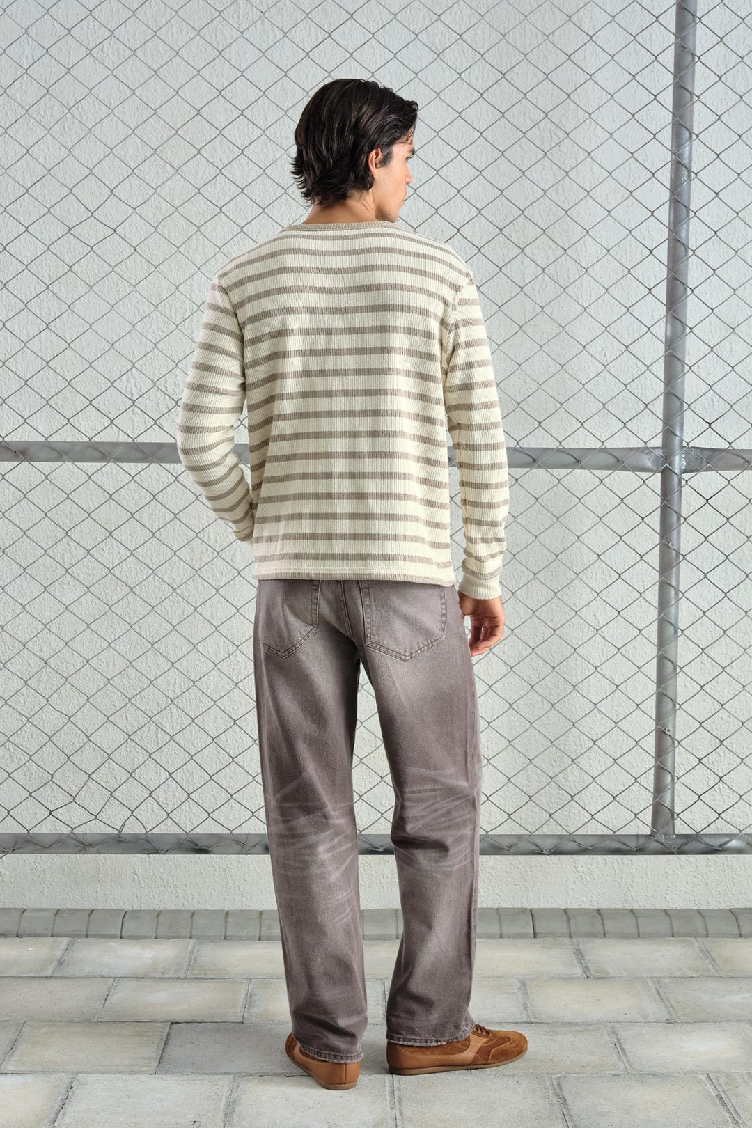 Giesto T-shirt beige à rayures larges et demi-boutonnage - Beige
