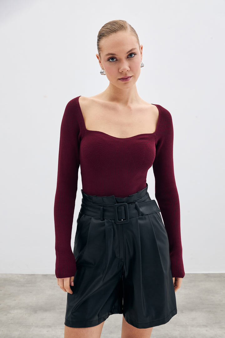 Sateen Top à col cœur - Bordeaux