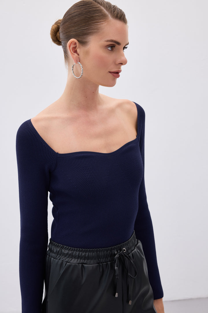Sateen Blouse en tricot à décolleté en cœur - Bleu marine