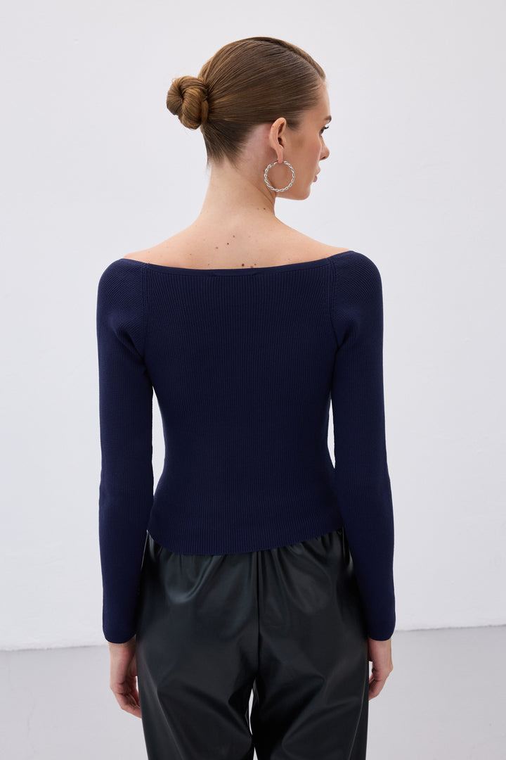 Sateen Blouse en tricot à décolleté en cœur - Bleu marine