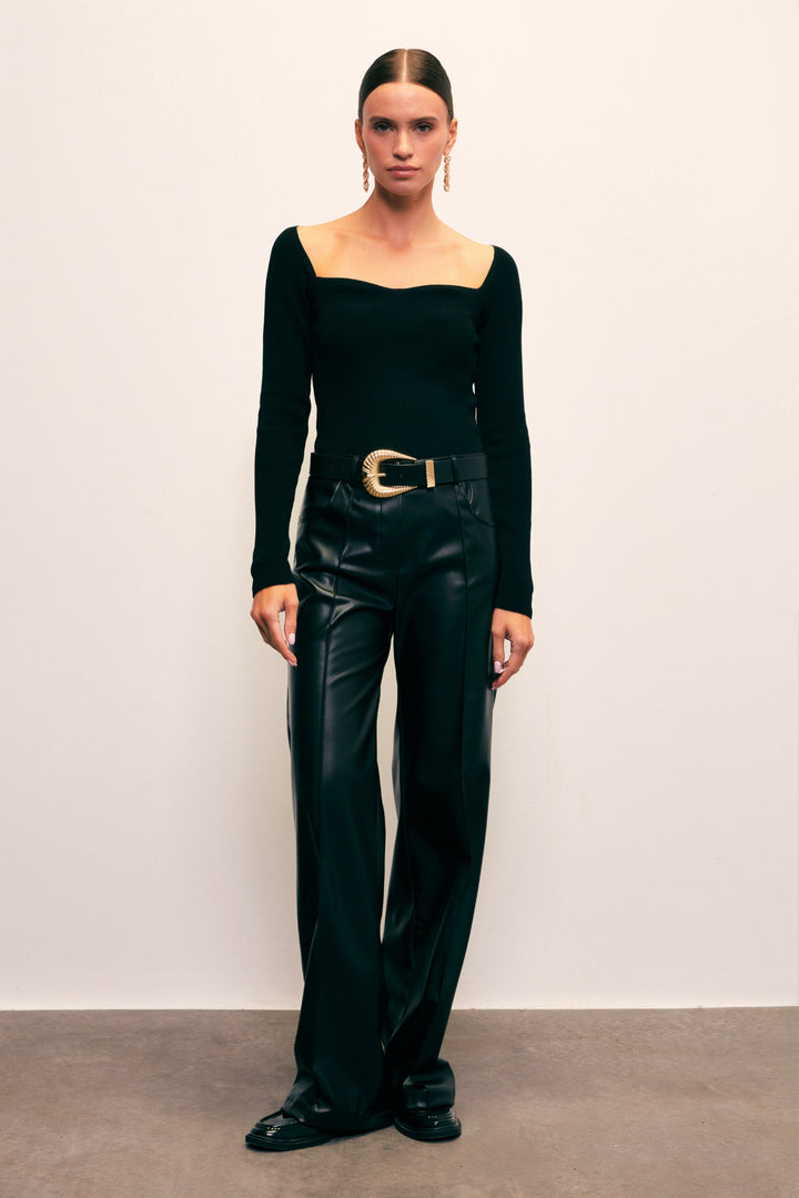 Sateen Blouse en tricot à col en cœur - Noir