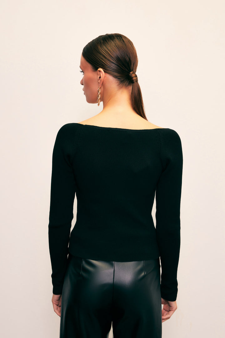 Sateen Blouse en tricot à col en cœur - Noir