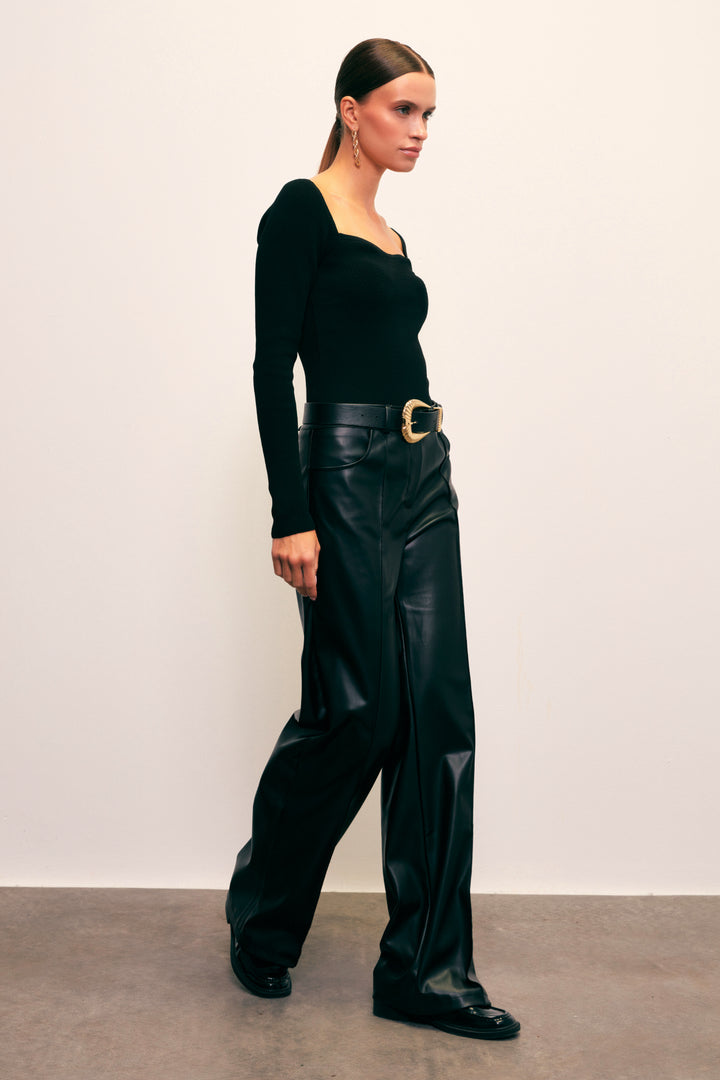 Sateen Blouse en tricot à col en cœur - Noir