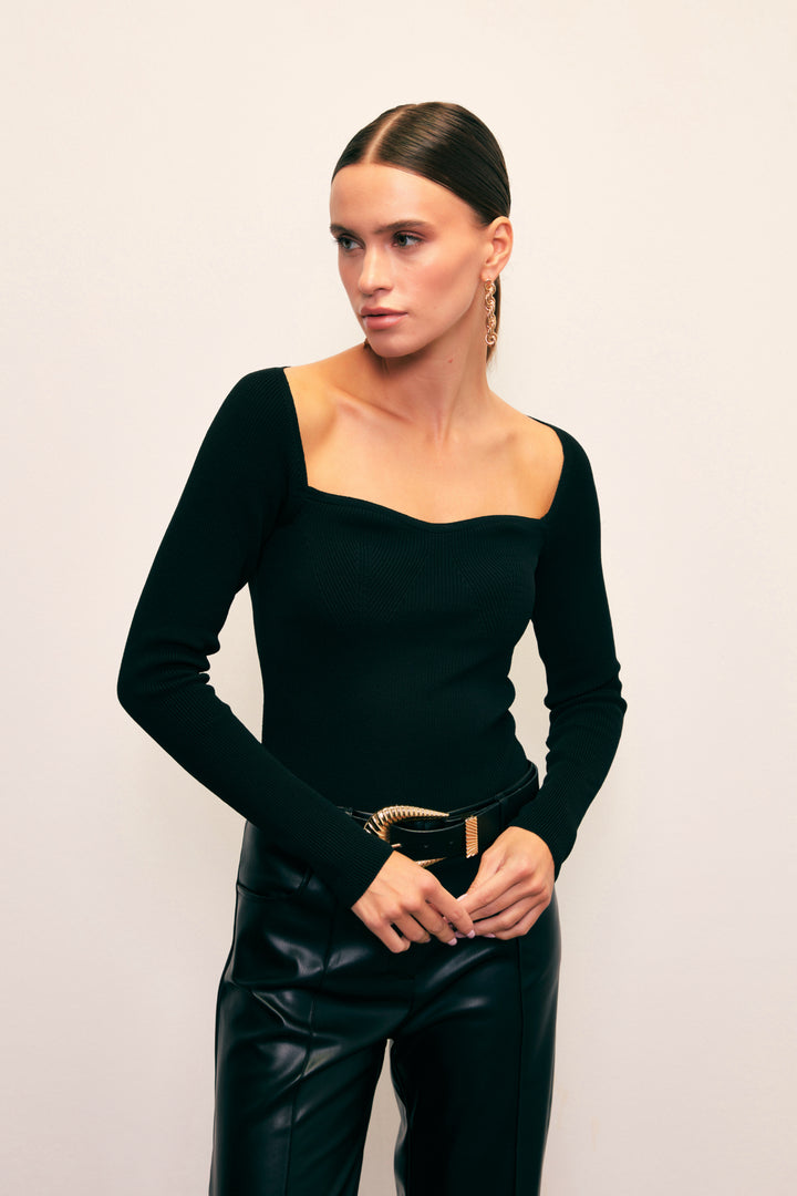 Sateen Blouse en tricot à col en cœur - Noir