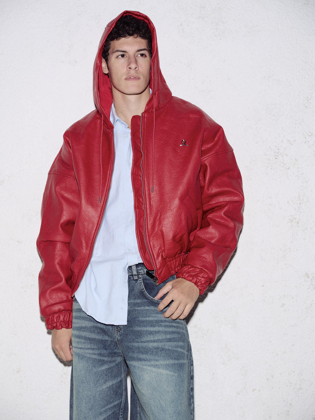 Giesto Veste en cuir rouge à capuche - Rouge