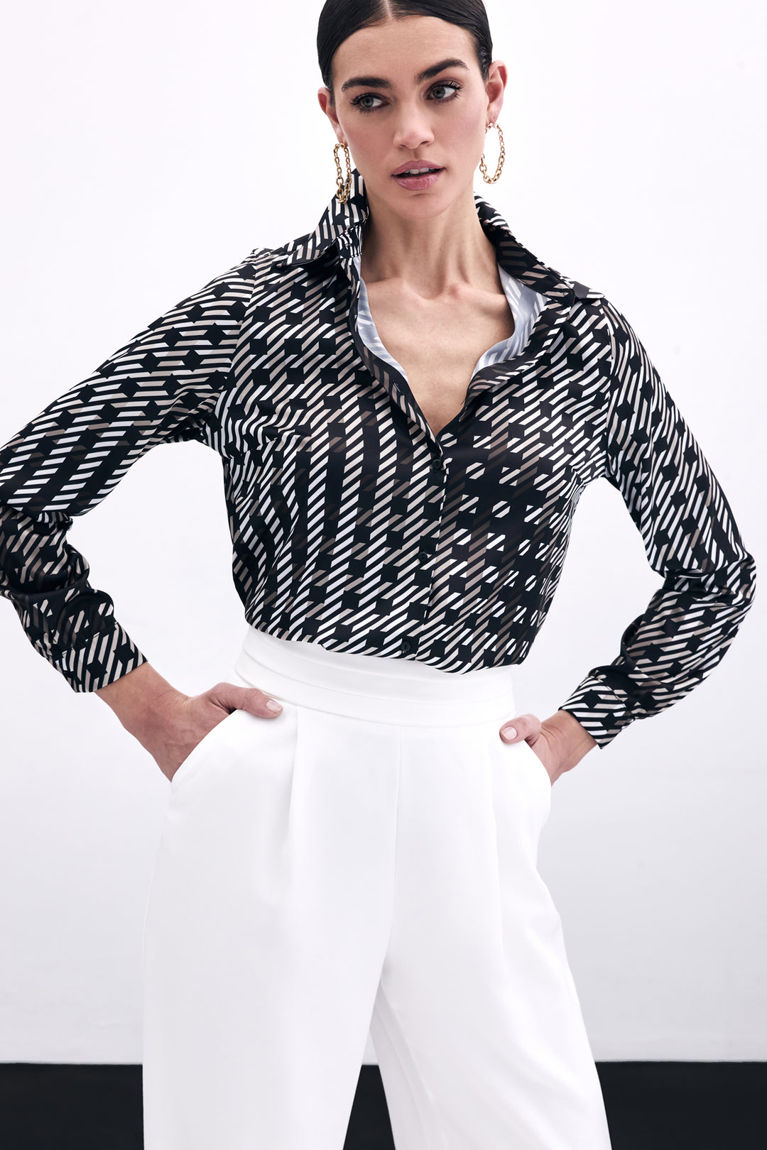 Sateen Chemisier à Motifs Carrés - Noir