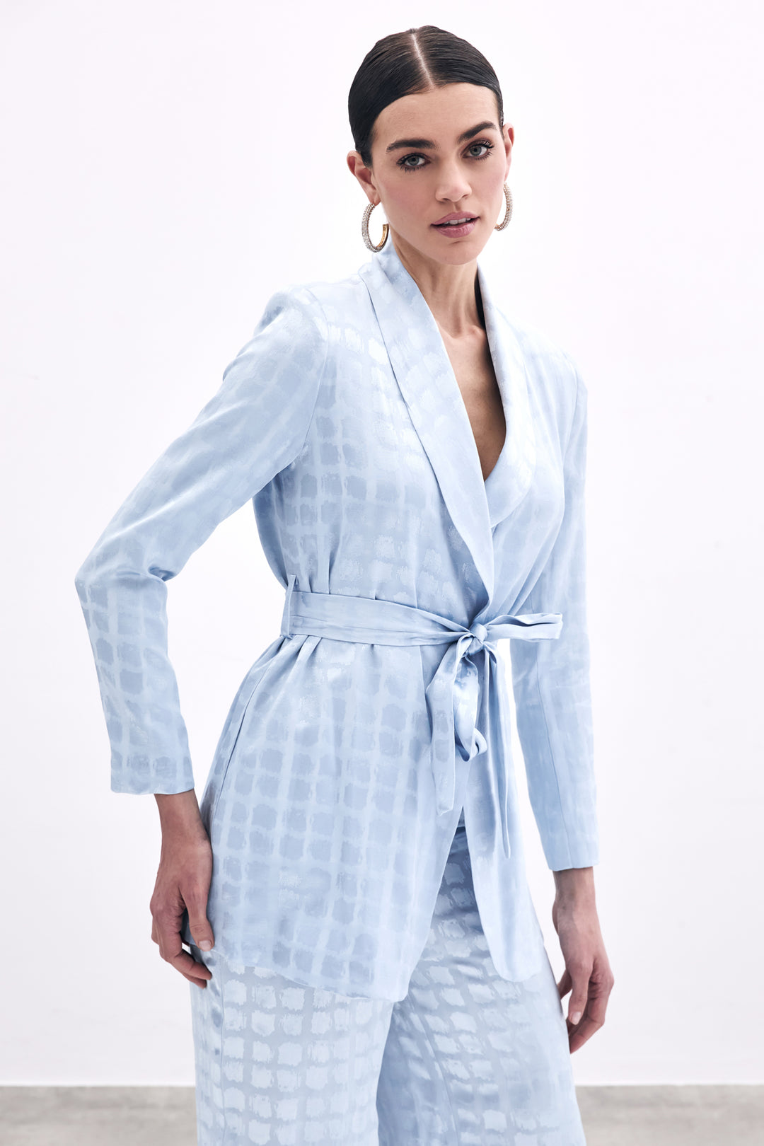 Sateen Veste à Ceinture Imprimée à Carreaux - bebe Bleu