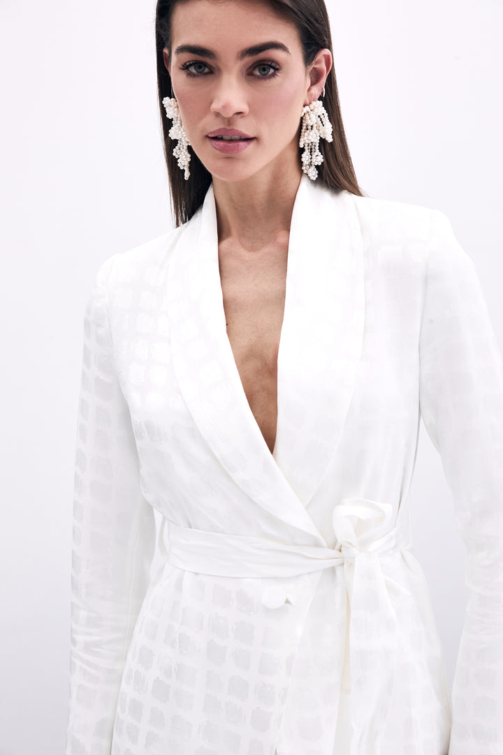 Sateen Veste à Ceinture Imprimée à Carreaux - Écru