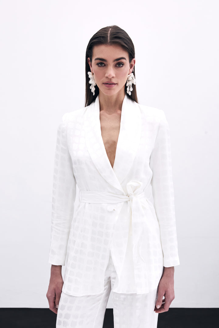 Sateen Veste à Ceinture Imprimée à Carreaux - Écru