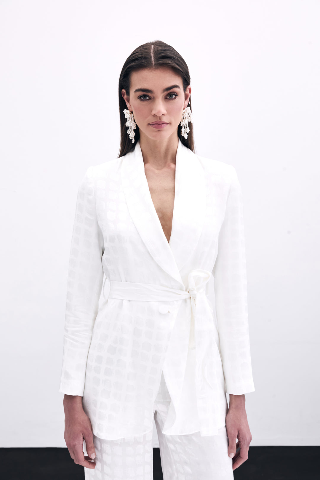 Sateen Veste à Ceinture Imprimée à Carreaux - Écru