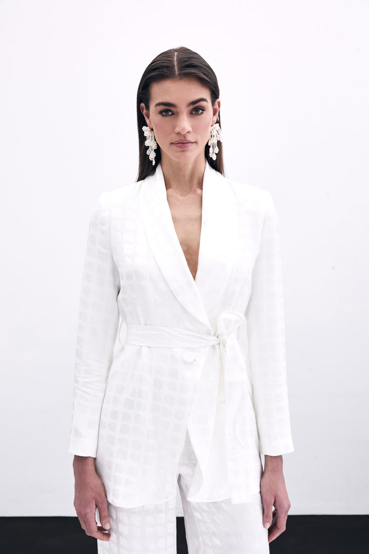 Sateen Veste à Ceinture Imprimée à Carreaux - Écru