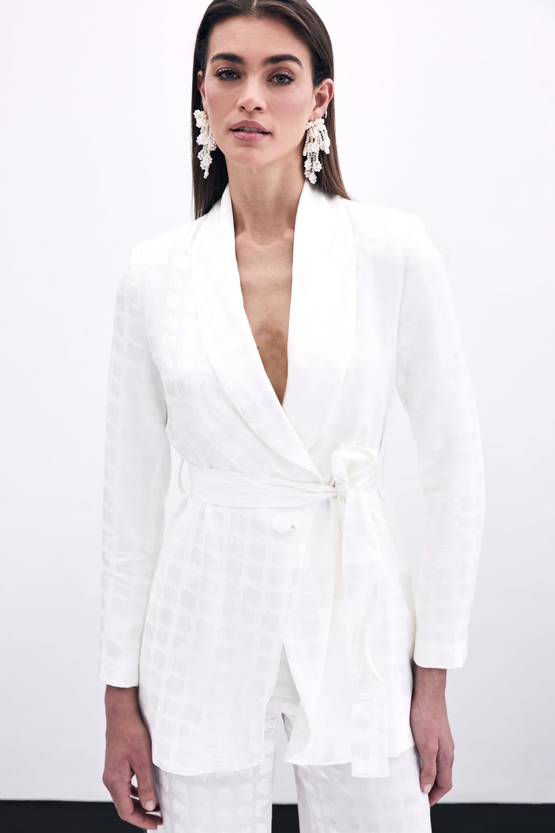Sateen Veste à Ceinture Imprimée à Carreaux - Écru