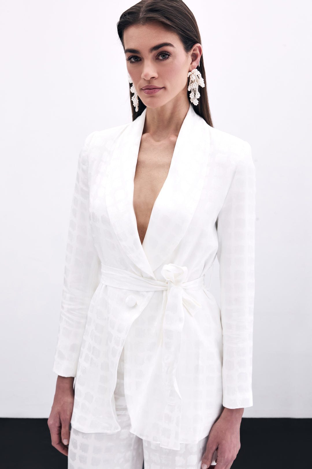 Sateen Veste à Ceinture Imprimée à Carreaux - Écru