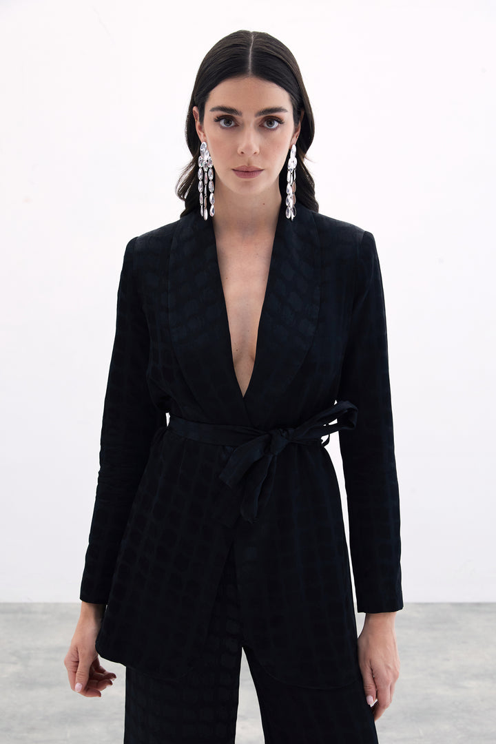 Sateen Veste à Ceinture Imprimée à Carreaux - Noir