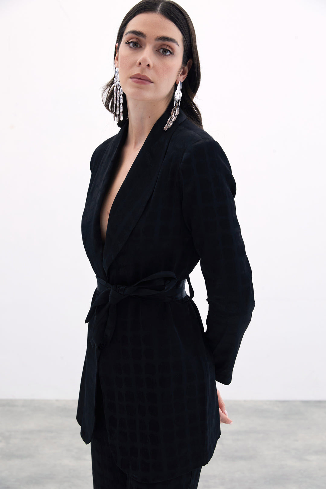 Sateen Veste à Ceinture Imprimée à Carreaux - Noir