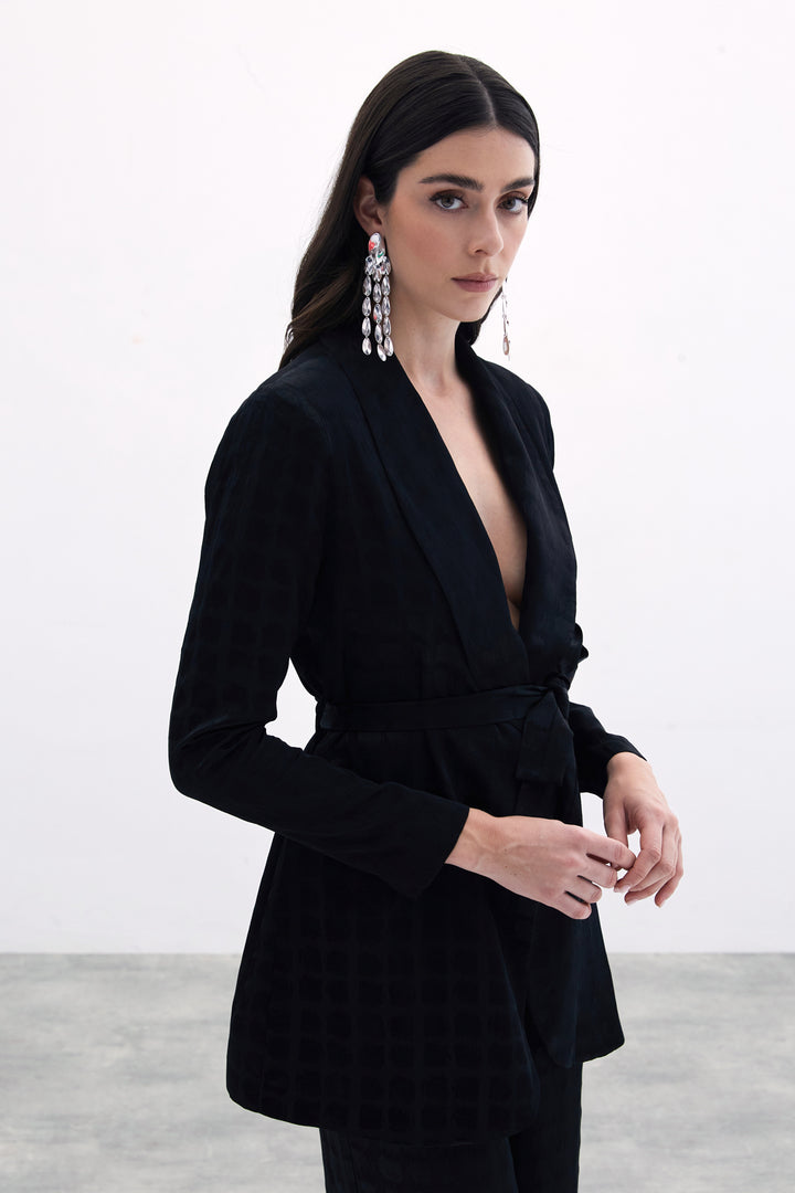 Sateen Veste à Ceinture Imprimée à Carreaux - Noir