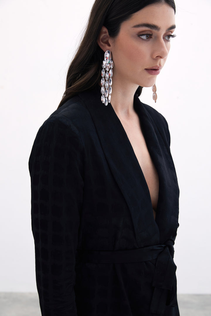 Sateen Veste à Ceinture Imprimée à Carreaux - Noir