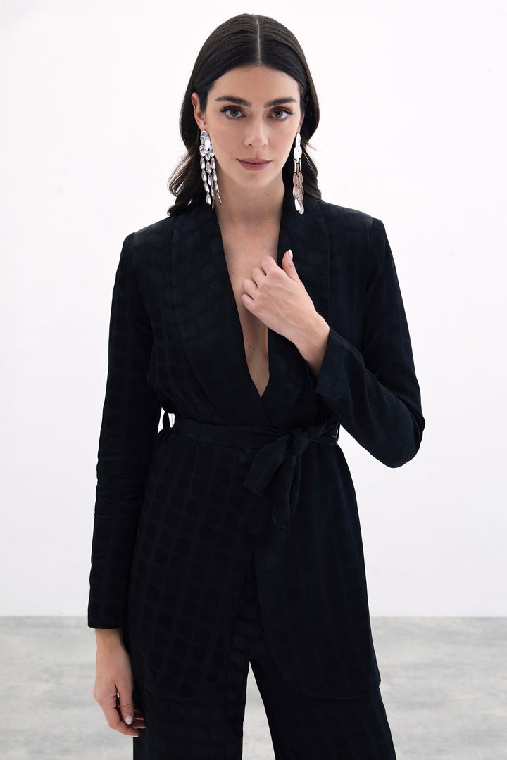 Sateen Veste à Ceinture Imprimée à Carreaux - Noir