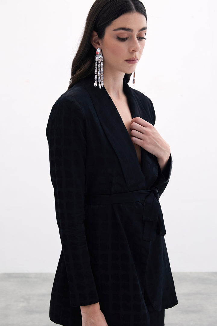 Sateen Veste à Ceinture Imprimée à Carreaux - Noir
