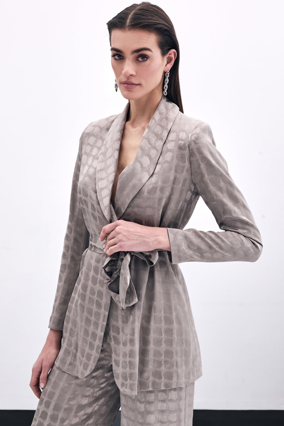 Sateen Veste à Ceinture Imprimée à Carreaux - Vison