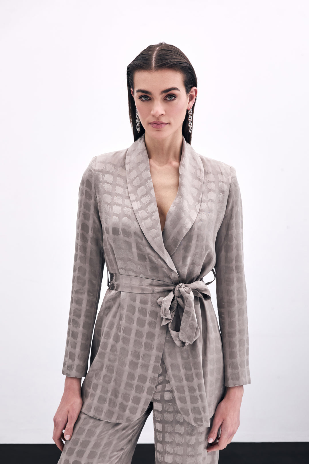 Sateen Veste à Ceinture Imprimée à Carreaux - Vison