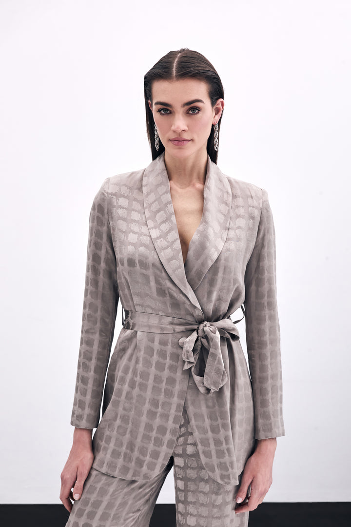 Sateen Veste à Ceinture Imprimée à Carreaux - Vison