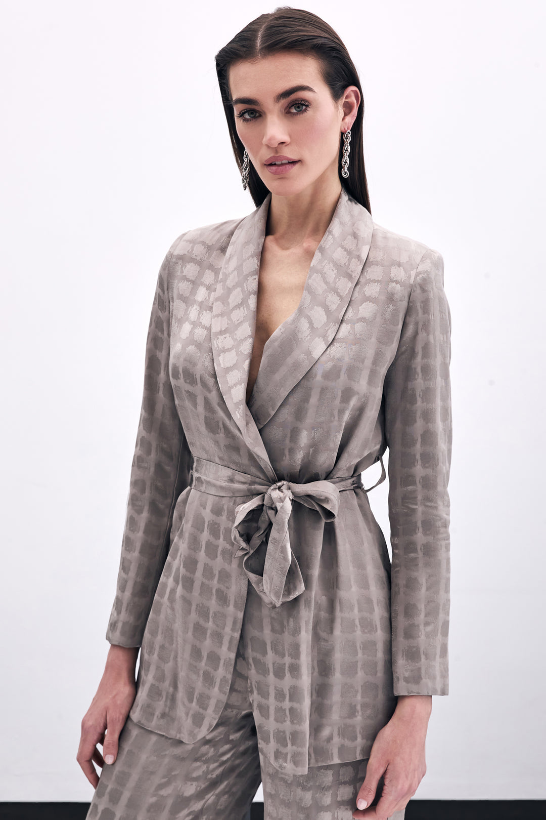 Sateen Veste à Ceinture Imprimée à Carreaux - Vison