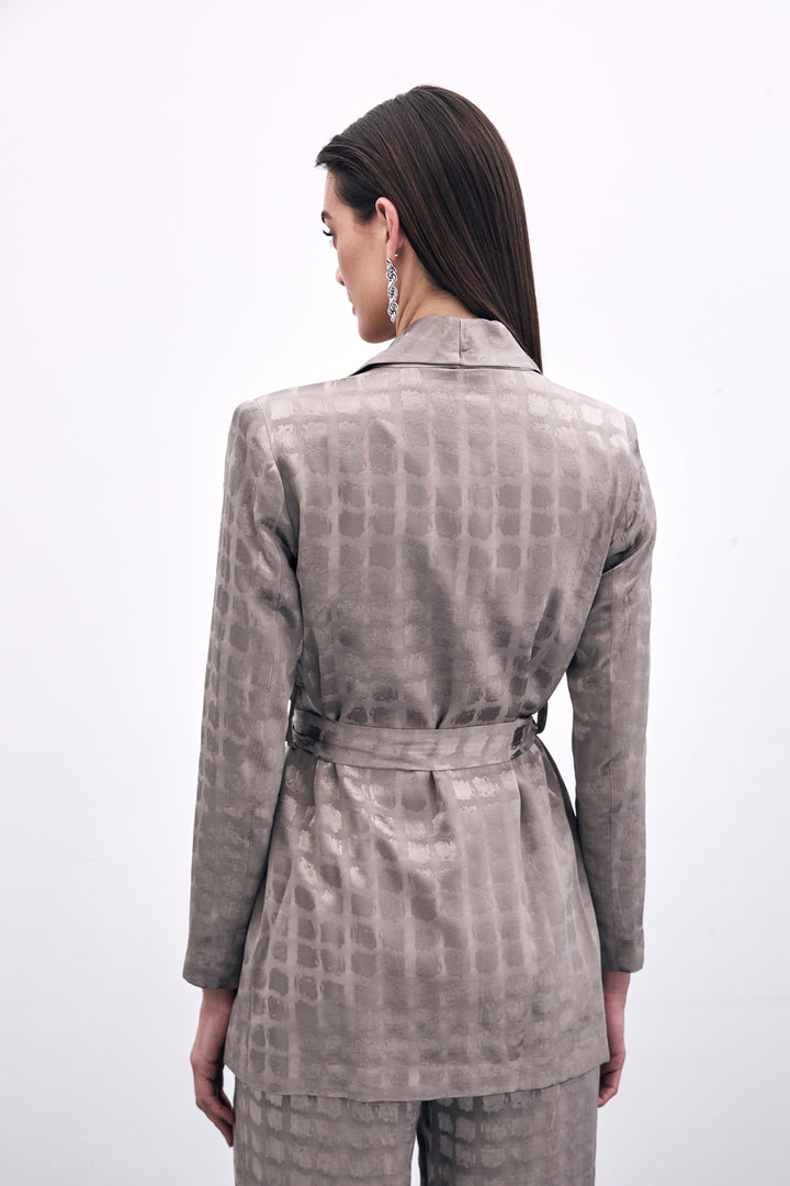 Sateen Veste à Ceinture Imprimée à Carreaux - Vison