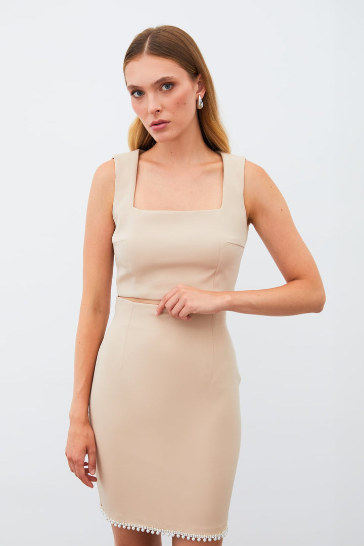 Sateen Blouse Crop à Col Carré - camel