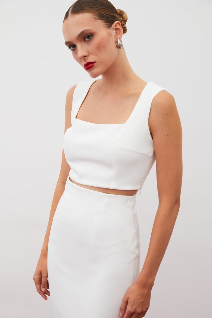 Sateen Blouse Crop à Col Carré - Écru
