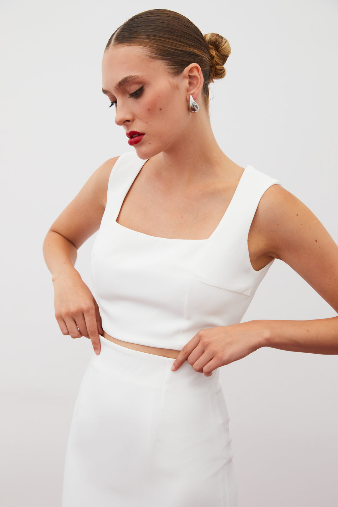 Sateen Blouse Crop à Col Carré - Écru