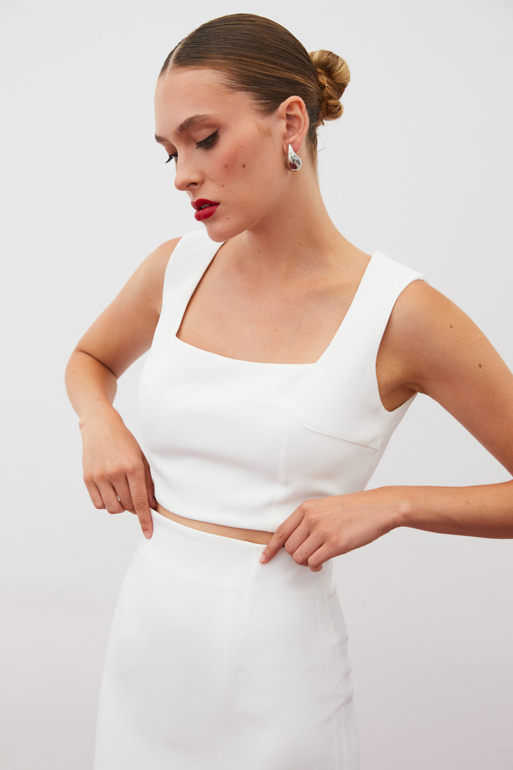 Sateen Blouse Crop à Col Carré - Écru